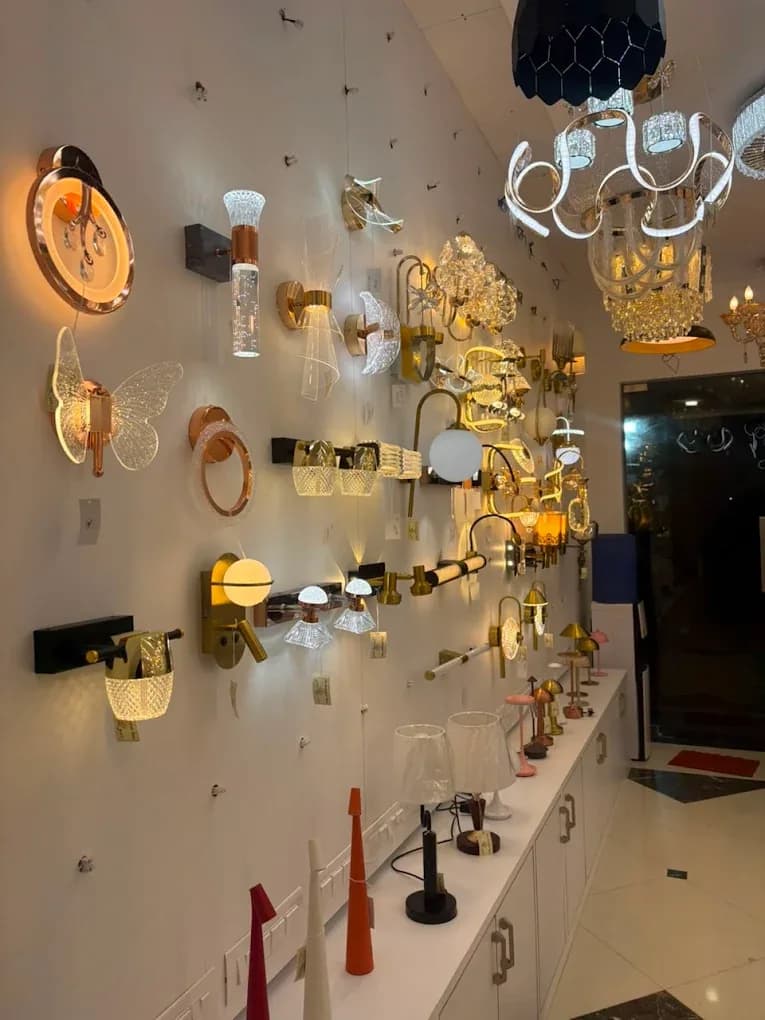 Close view of the wall sconce and table lamp display