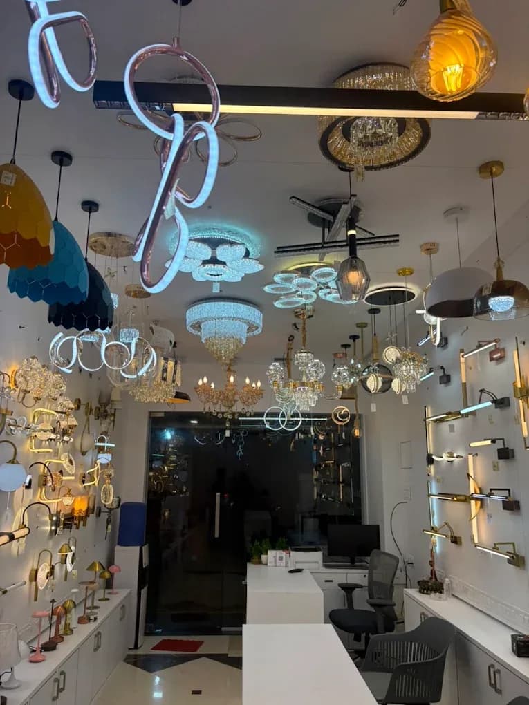 Decorative pendants and ceiling fixtures above the consultation desk